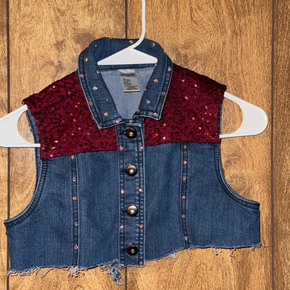Weissman Large Child Denim Red Sequin Dance Costume Cropped Vest w/ Rhinestones